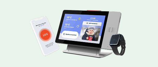 Centrale tactile, bracelet avec bouton SOS et détecteur de chute, aperçu bouton SOS sur smartphone