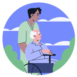une personne âgée en fauteuil roulant avec un soignant
