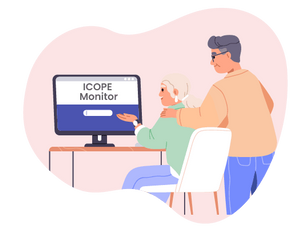 Une personne âgée accompagnée d'un proche pour faire le programme ICOPE sur un ordinateur