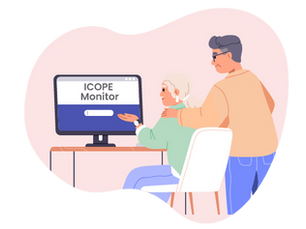 Une personne âgée accompagnée d'un proche pour faire le programme ICOPE sur un ordinateur